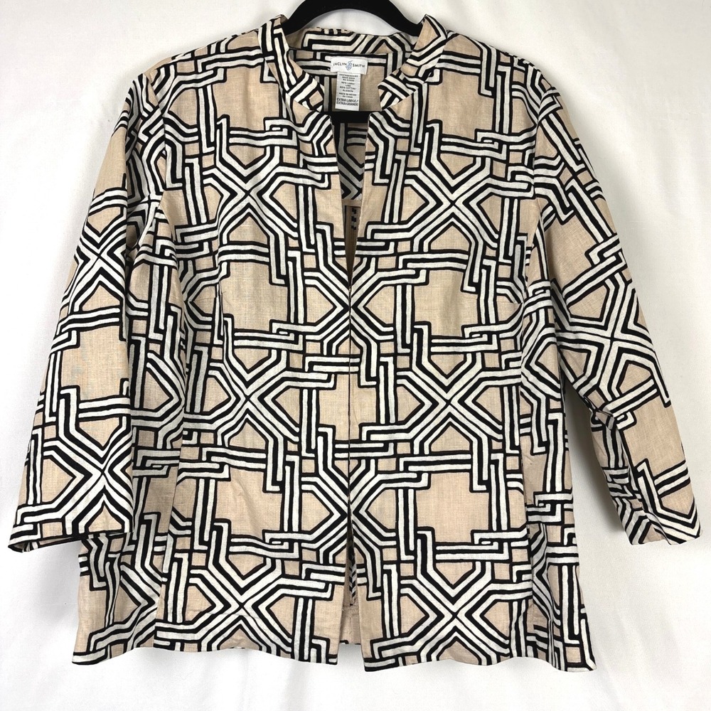 Jaclyn Smith Jacket Womens XL Beige Black Geometric Linen Retro Minimalist Artsy - Picture 2 of 16
